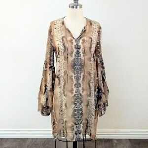 Haute Hippie Snakeskin Print Chiffon Silk Shift Dress Brown Size 6 Bohemian